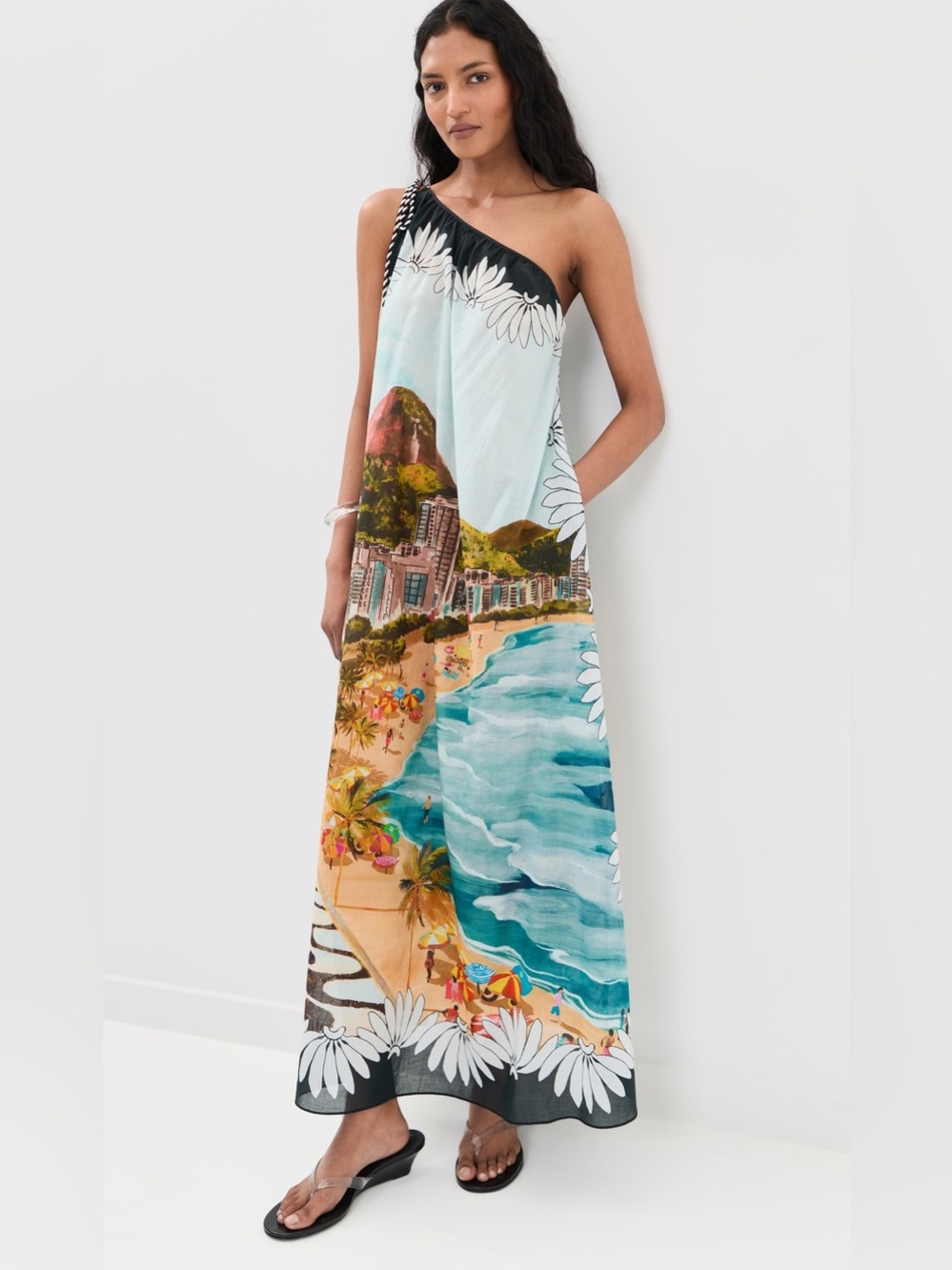 Farm Rio Copacabana Beach Multicolored Print One Shoulder Maxi Dress Large NWT